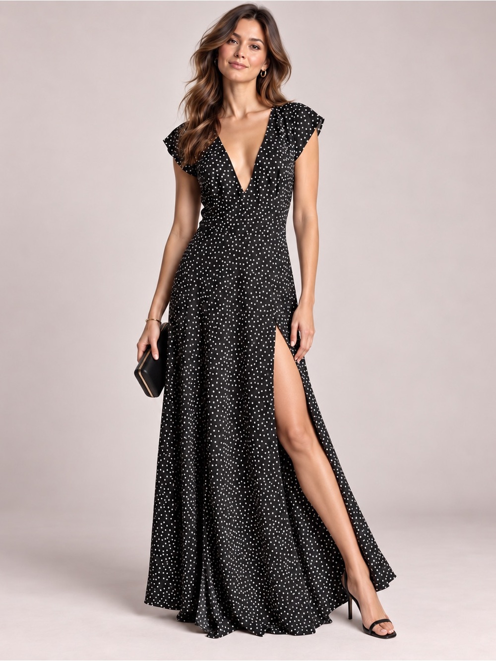 Custom Made Black Polka Dot V-Neck Maxi Dress